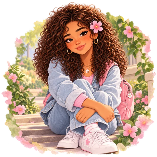 Blossom sitting outdoors among leaves and flowers, smiling.