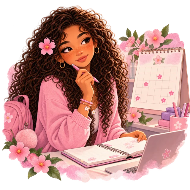 Blossom writing in a planner beside a small calendar.