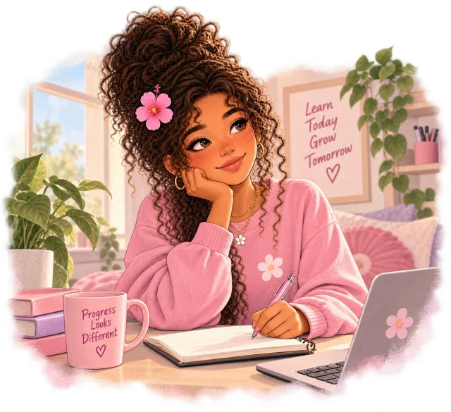 Illustration of Blossom at her desk with a laptop and notebook, surrounded by pink flowers.