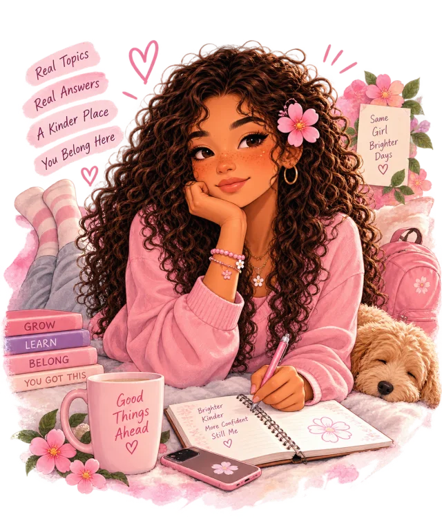 Blossom journaling on her bed beside a sleeping puppy, with notes that read “Real Topics, Real Answers, A Kinder Place.”