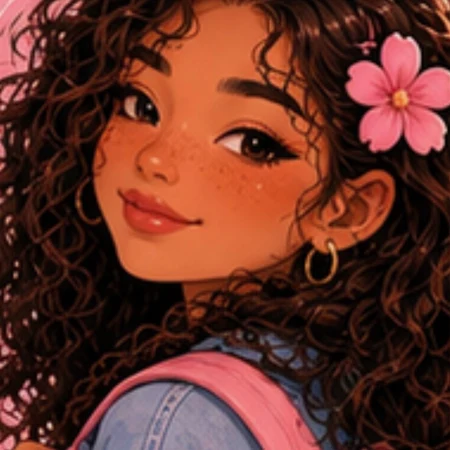 Portrait of Blossom, Flower's guide, with curly dark hair and a pink flower tucked behind her ear.