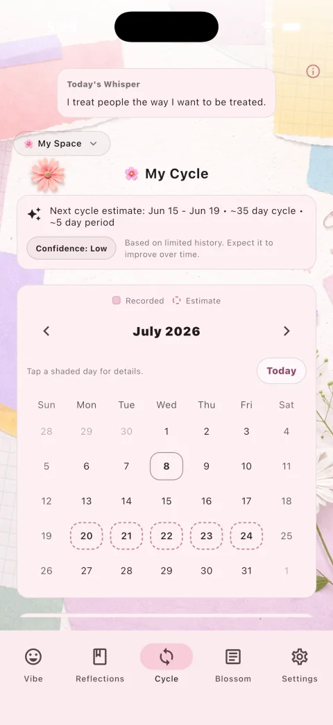 Flower's Cycle screen, with a kind daily message, a next-cycle estimate, and a calendar.