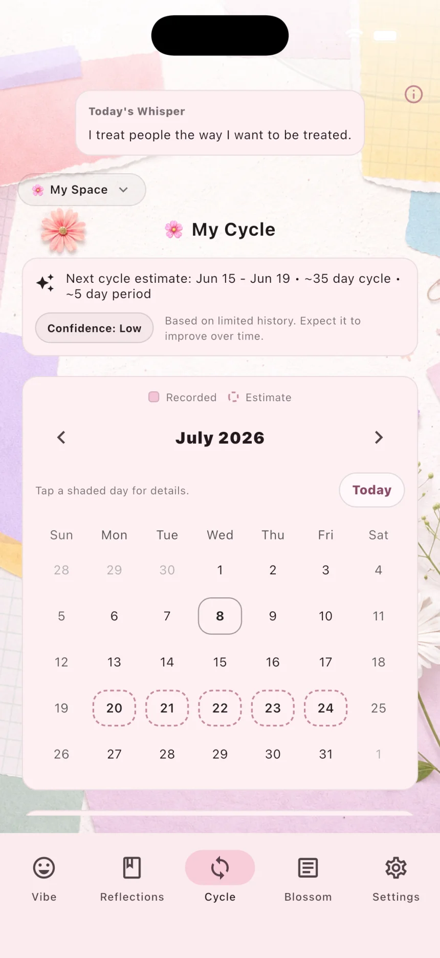 Flower's Cycle screen: a daily Whisper that reads “I treat people the way I want to be treated,” a next-cycle estimate, and a monthly calendar.